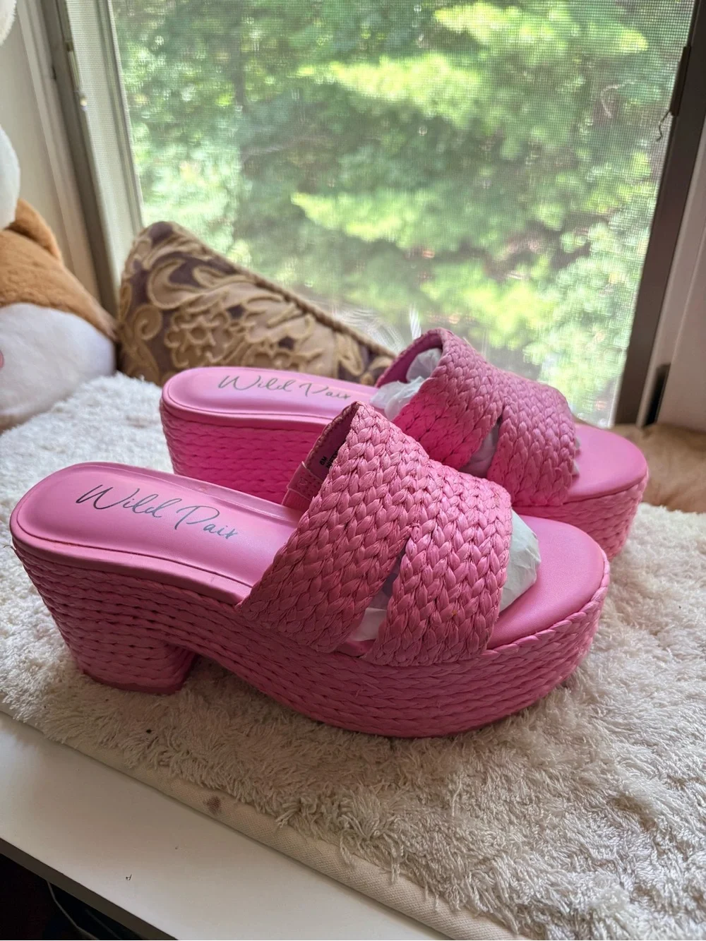 Wild Pair Hot Pink Woven Platform Slide Heels